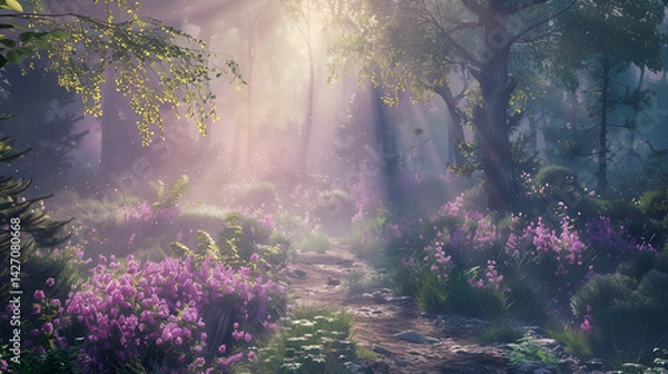 Fototapeta A sunlit path through a forest filled with purple flowers and lush green trees and foliage .