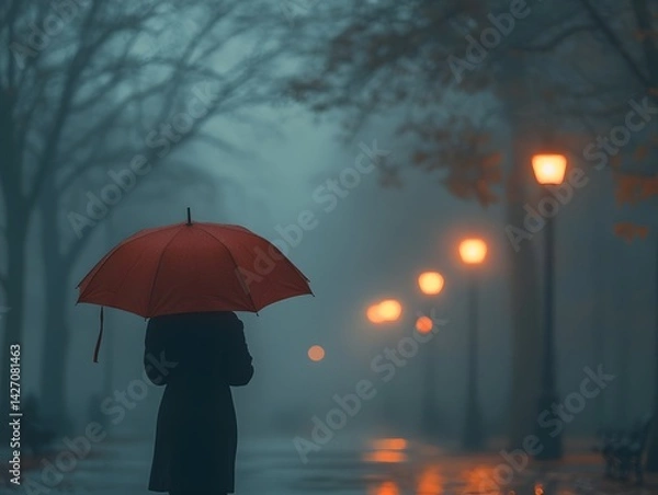 Fototapeta A lone figure holds a red umbrella walking through a misty park as gentle rain falls and soft light filters through the trees