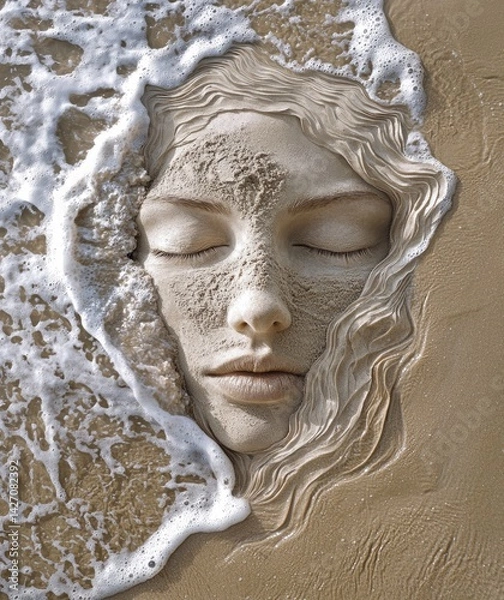 Fototapeta An ethereal representation of a face partially hidden in sand with gentle waves flowing over it, symbolizing the harmony between humanity and nature in an awe-inspiring artistic expression.