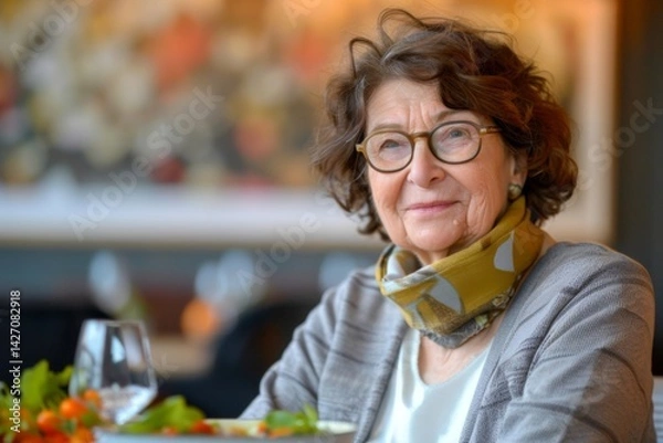 Obraz Portrait of a senior woman in a retirement home happily enjoying a healthy lunch