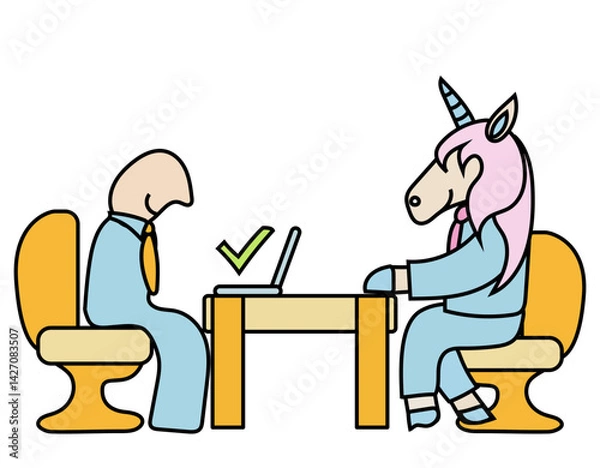 Obraz A job interview between a cartoon character and a unicorn candidate dressed in a blue suit with a tie. Concept of finding a perfect candidate.