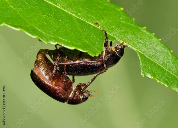 Fototapeta Junebug beetles Diplotaxis frondicola mating and eating leaves insect nature Springtime.