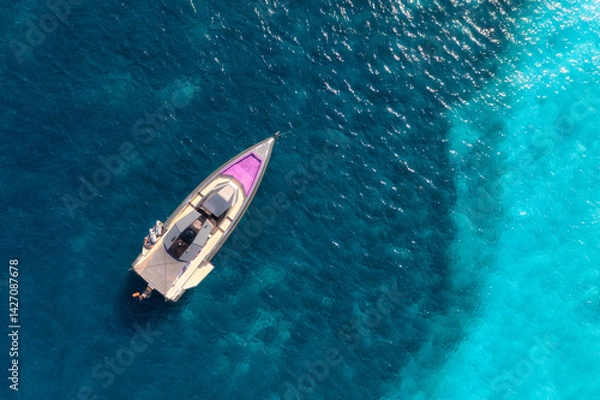 Obraz Aerial view of beautiful luxury yacht and boat in blue sea in summer. Sardinia, Italy. Top drone view of speed boat, sea bay, transparent turquoise water. Travel. Tropical colorful landscape. Yachting