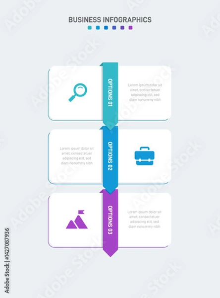 Obraz Vertical progress bar featuring 3 arrow-shaped elements, symbolizing the three stages of business strategy and progression. Clean timeline infographic design template. Vector for mobile presentation.
