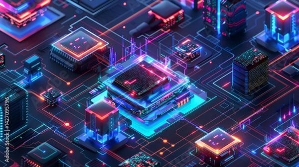 Fototapeta Detailed close up of a futuristic motherboard with glowing neon lights and complex circuit design .
