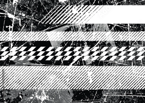Fototapeta Glitch distorted grunge layer . Noise destroyed texture. Checkered race grunge flag . Overlay grunge texture .Distressed effect .Vector shapes with a speed lines and tire tracks screen print texture.