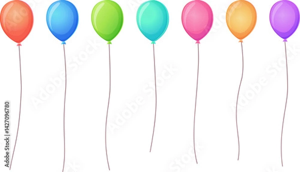 Fototapeta A set of helium balloon with a thin string in different colors, isolated on a white background. Perfect for minimalist party designs, birthdays, and celebration graphics. Stock vector illustration in