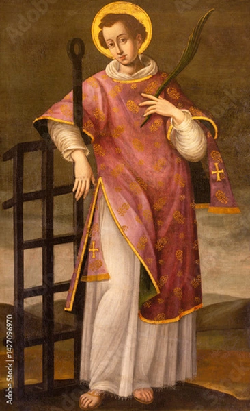 Fototapeta PERUGIA, ITALY - MAY 16, 2024: The painting of St. Laurence myrtyr in the church Cattedrale di San Lorenzo (St. Lawrece cathedral) by umbrian school of 17. cent.