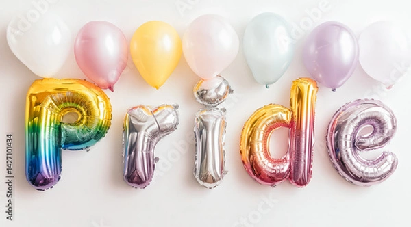 Fototapeta A bunch of balloons spell out the word "pride" in rainbow colors