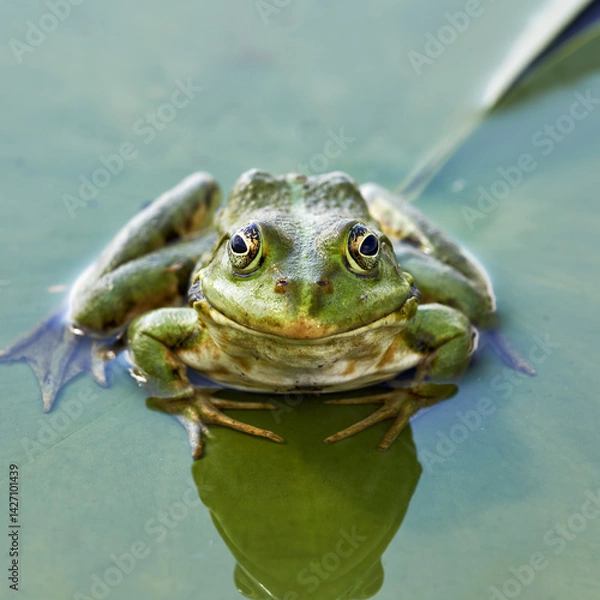 Fototapeta Detailed shot of a vibrant green frog on a lily pad. It faces the camera, its reflection shimmering in the waterwater lily leaf