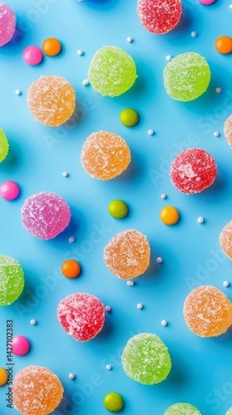 Fototapeta Blue background with a bunch of colorful gummy bears and candy