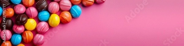 Fototapeta Bunch of colorful candies are on a pink background