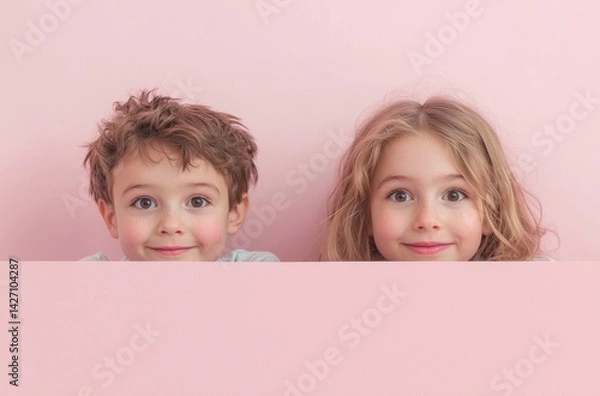 Fototapeta Two adorable kids showcasing their cheerful smiles while peeking over a pink surface create a vibrant and heartwarming visual that celebrates the charm and playfulness of childhood.