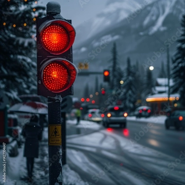 Fototapeta Red traffic light is lit up on a snowy street
