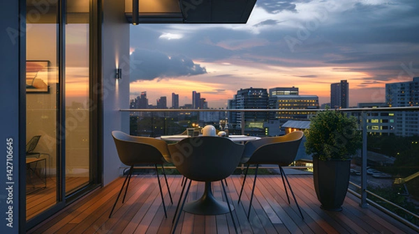 Fototapeta View of city skyline from modern balcony with dining table and chairs at sunset time in the evening .