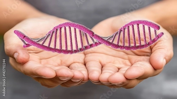 Obraz A scientist holding a double helix of DNA strand, DNA strand in hand with glowing helix, scientist holding DNA strand for genetic research and biotechnology
