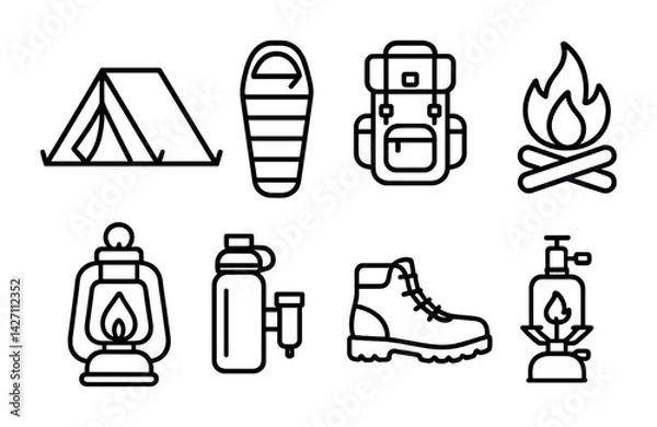 Fototapeta Camping adventure icon set – outline style camping and outdoor symbols for hiking and survival: tent, sleeping bag, backpack, campfire, lantern, water bottle, hiking boot, stove