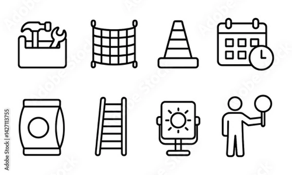 Fototapeta Construction and maintenance icon set – outline style repair and safety symbols for site management, building, and tools: hammer, wrench, construction cone, calendar, ladder, safety sign