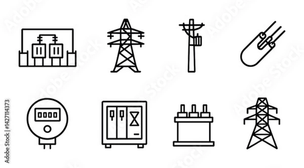 Fototapeta Electrical infrastructure icon set – line style power transmission and utility symbols for energy distribution, grid components, and maintenance: transformer, power lines, meter, cable, pylon,