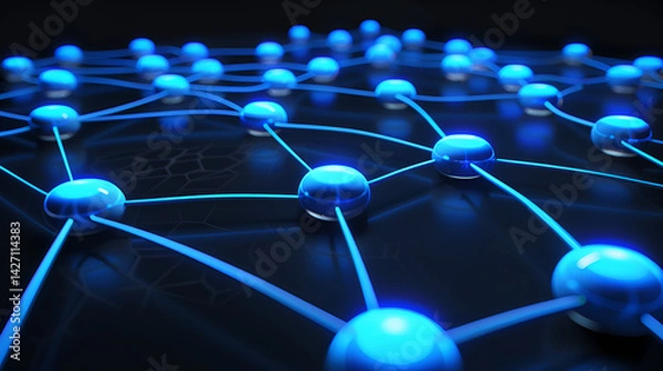 Fototapeta A network of interconnected blue spheres with glowing lines on a dark reflective surface design concept .