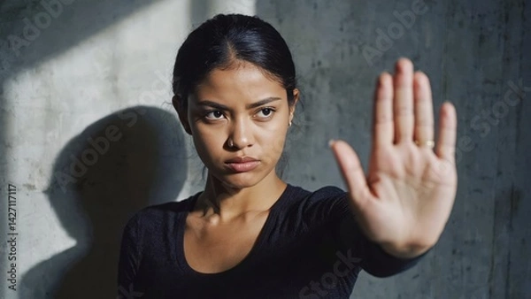 Fototapeta A young female with a determined expression, making the universal 'stop' hand gesture in an urban environment.