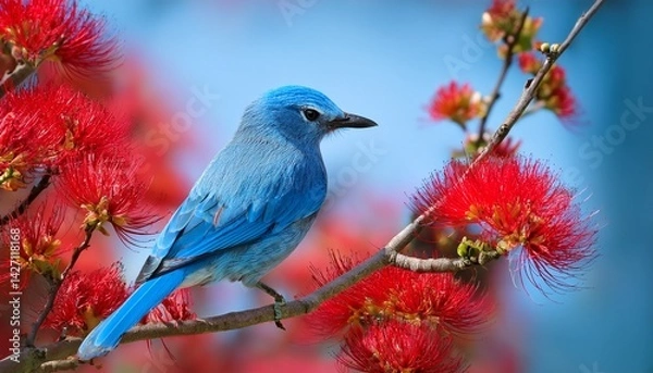 Fototapeta a blue bird sitting on a branch of a tree with red flowers