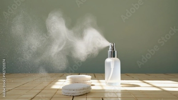 Fototapeta Table with disinfectant products like hand sanitizer, wipes, and air freshener for maintaining cleanliness and hygiene during the pandemic. Essential supplies.