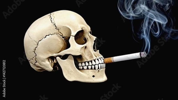 Fototapeta A skeleton smoking a cigarette, symbolizing the dangers of tobacco usage. Black and white graphic with negative impact emphasis.
