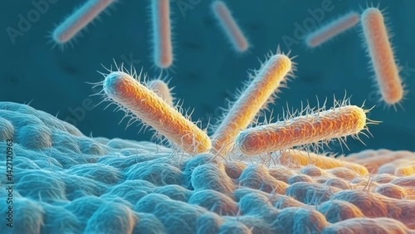 Obraz Colonies of bacteria in a microscopic view with various stages of growth and interaction.