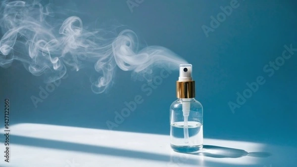 Obraz A bottle of hand sanitizer with a blue background, emphasizing its simplicity and the importance of hygiene. This image can be used to represent cleanliness products or promotions.