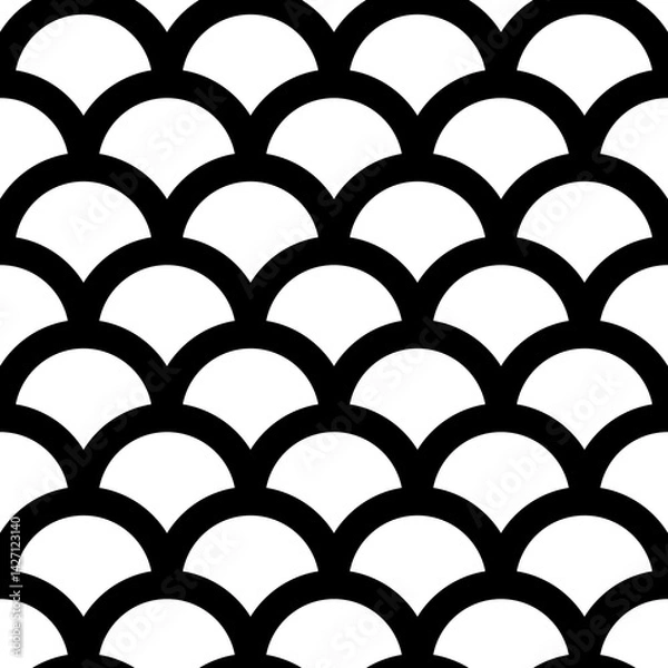 Fototapeta Fish scale wallpaper. Asian traditional ornament with repeated scallops. Repeated white curves on black background. Seamless surface pattern design with semicircles. Grid motif. Digital paper.
