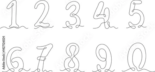 Obraz Continuous one line drawing of numbers from 0 to 9. Stylish and minimalist vector illustration representing counting, mathematics, education, and birthdays. Ideal for posters, learning materials, cale
