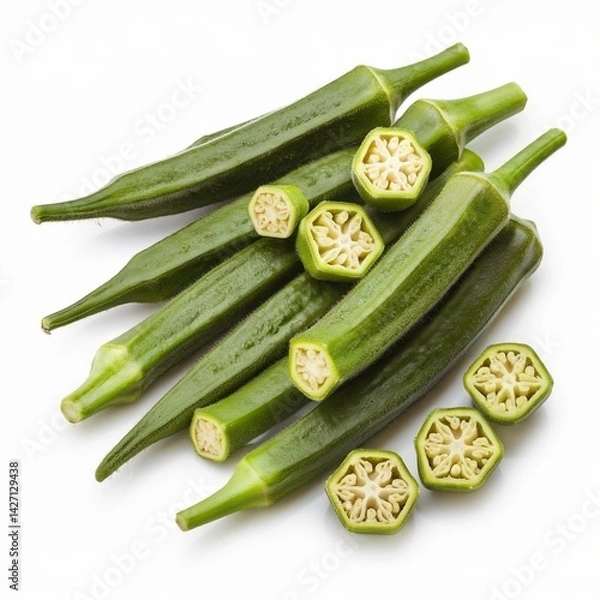 Obraz The image showcases a high-quality image of fresh okra, including whole pods and sliced pieces with star-shaped cross-sections, on a clean white background.