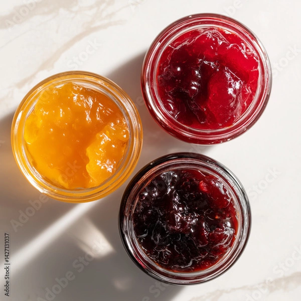Fototapeta marmelade, fruchtaufstrich, draufsicht, isoliert, essen, konfitüre, glas, rot, einmachglas, obst, süss, dessert, isoliert, weiß, sauce, tomate, frisch, beere, gesund, zutat, marmelade, erdbeer, gelee,