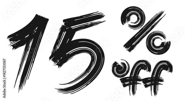 Fototapeta Hand drawn number 15% off. To offer a discount. Rough, artistic brush strokes. Vector illustration of number in dry brush strokes.