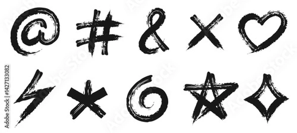 Fototapeta Collection of hand drawn symbols: heart, crosses, star, swirl, at sign, grille in dry brush texture. Vector rough, artistic brush strokes. 