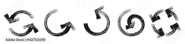 Fototapeta Set of round arrows isolated on white background. Vector brush drawn circular arrow icon. Refresh, reload, repeat, rotate arrow. Rough, artistic brush strokes.