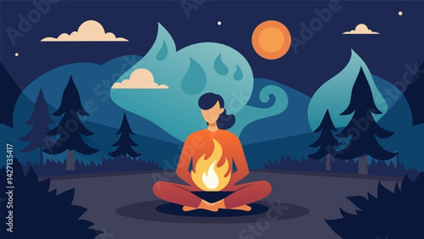 Fototapeta A moment of quietude as the fires rhythmic crackles prompt introspection.. Vector illustration