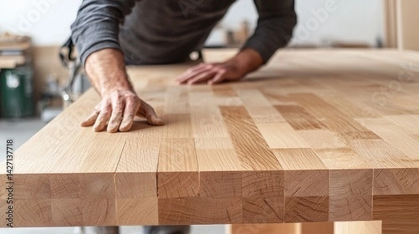 Fototapeta Craftsman shaping wooden tabletop in workshop during daylight hours with a focus on craftsmanship