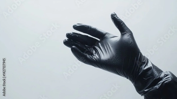 Obraz Black latex glove reaching out against a plain background, symbolizing safety and cleanliness in various professions