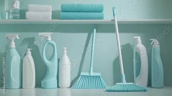 Obraz Cleaning supplies arranged neatly on a shelf in a turquoise colored room showcasing organization and cleanliness