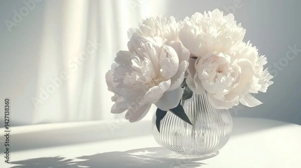 Obraz Elegant white peonies in a striped glass vase illuminated by soft sunlight in a bright indoor setting