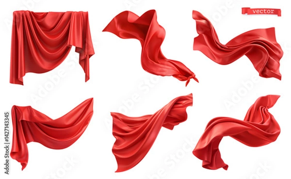 Fototapeta Red curtain, superhero red cape, 3d realistic vector set