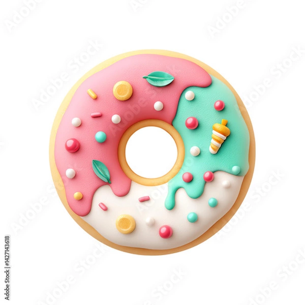 Fototapeta Pink and Mint Glazed Donut with Sprinkles and Icing Drip on Transparent Backgroundisolated, transparent background, clipart, cut out, no background