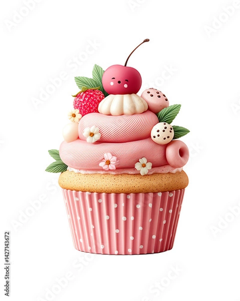 Fototapeta Pink and White Cupcake with Berries and Cherry Decoration on Transparent Backgroundisolated, transparent background, clipart, cut out, no background