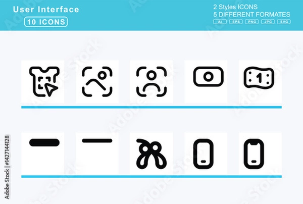 Obraz Set of 5 solid user interface icons,mill, sign, mind, share, minus, circle, hexagon