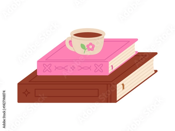 Fototapeta Vector stack of books with cup of coffee on, isolated on white background