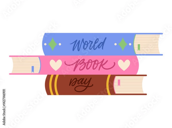 Fototapeta World book day. Vector handwritten calligraphy with books, flat style illustration isolated on white background