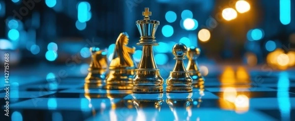 Fototapeta Shiny gold chess pieces displayed on a checkered board