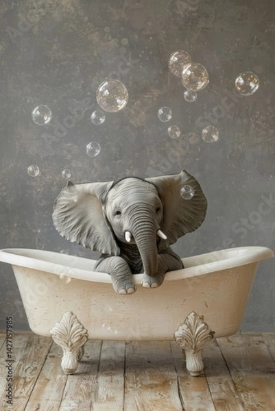 Obraz This enchanting image portrays a baby elephant in a tub filled with bubbles, radiating pure happiness and evoking a sense of wonder associated with childhood innocence and joy.